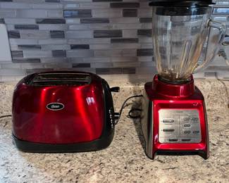 P41 - $35. Red Oster Toaster and Blender Lot. 