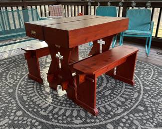 P8 - $100. Portable Table and Benches. Table top measures 37” wide x 26” deep. Benches measure 36” wide x 9.5” deep x 18” tall. Benches come apart and store inside table top along with the table legs. Made of Pine wood. 