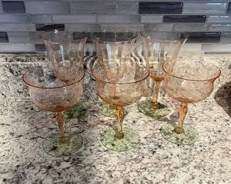 P38 - $30. Watermelon Pink and Green 3 Sorbet 3 Water. Depression Glass. 6 Pieces. 