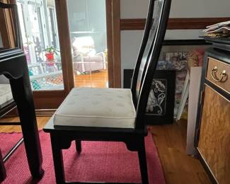 P1 -  $1250. Very good vintage condition! 1970’s Chinoiserie Pagoda Style Dining Table & Eight Chairs From Century Furniture. Designed by Raymond Sobota for the "Chin Hua" Collection. Dining Table (without leaves) Measures 45.5" wide x 75.5" long x 30" tall. 2 Leaves Each Measures 18”. Total Table Length 111”. Six Side chairs. Each Measure 19" X 18" X 40". Two Arm Chairs Each Measure 23" X 21" X 40"