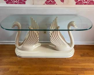 P4 - $375. Hollywood Regency Double Swan Entry or Sofa Table. Glass top is in great condition. Measures 54” wide x 16.5” deep x 28.5” tall. 