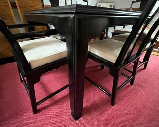 P1 -  $1250. Very good vintage condition! 1970’s Chinoiserie Pagoda Style Dining Table & Eight Chairs From Century Furniture. Designed by Raymond Sobota for the "Chin Hua" Collection. Dining Table (without leaves) Measures 45.5" wide x 75.5" long x 30" tall. 2 Leaves Each Measures 18”. Total Table Length 111”. Six Side chairs. Each Measure 19" X 18" X 40". Two Arm Chairs Each Measure 23" X 21" X 40"