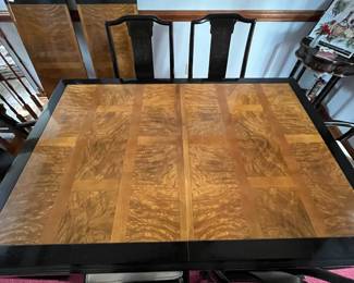 P1 -  $1250. Very good vintage condition! 1970’s Chinoiserie Pagoda Style Dining Table & Eight Chairs From Century Furniture. Designed by Raymond Sobota for the "Chin Hua" Collection. Dining Table (without leaves) Measures 45.5" wide x 75.5" long x 30" tall. 2 Leaves Each Measures 18”. Total Table Length 111”. Six Side chairs. Each Measure 19" X 18" X 40". Two Arm Chairs Each Measure 23" X 21" X 40"