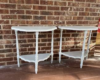 P79 - $45. Pair of Glittery Painted Side Tables. Measures 23” wide x 12” deep x 23” tall. Sturdy!