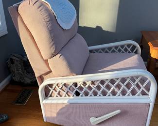 P91 - $100. Upholstered, Bamboo Framed, Reclining Chair. Measures 29" x 31" x 35.35" tall. Good Vintage Condition. 