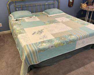 P53 - $225. King Sized Brass Headboard. Measures 76" wide x 42" tall. Includes King(ish) Sized Zinus Mattress. California King sheets fit it. Measures 78" x 74"