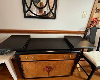 P2 - $450. Very good vintage condition! 1970’s Chinoiserie Pagoda Style Flip Top Buffet / Bar Cabinet.  Designed by Raymond Sobota for the "Chin Hua" Collection. Measures 40” wide x 19” deep x 30.75” tall.