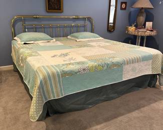 P53 - $225. King Sized Brass Headboard. Measures 76" wide x 42" tall. Includes King(ish) Sized Zinus Mattress. California King sheets fit it. Measures 78" x 74"
