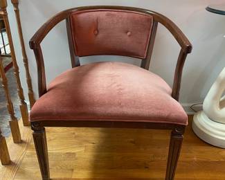 P34 - $85. Single Barrel Back Chair with pink velour seat. Measures 25” wide x 20” deep x 28” tall.
