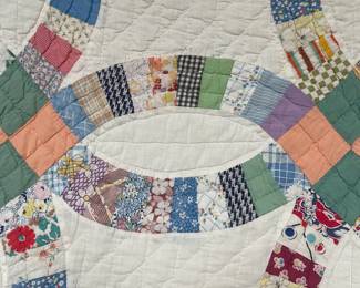 P9 - $60. Slight Discoloration Throughout. Missing Some Squares. A Few Small Holes. Measures 76" x 80".