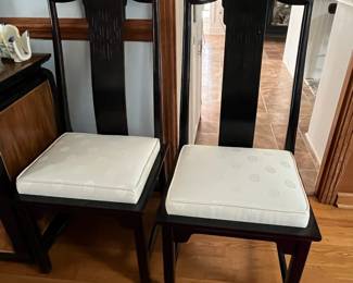 P1 -  $1250. Very good vintage condition! 1970’s Chinoiserie Pagoda Style Dining Table & Eight Chairs From Century Furniture. Designed by Raymond Sobota for the "Chin Hua" Collection. Dining Table (without leaves) Measures 45.5" wide x 75.5" long x 30" tall. 2 Leaves Each Measures 18”. Total Table Length 111”. Six Side chairs. Each Measure 19" X 18" X 40". Two Arm Chairs Each Measure 23" X 21" X 40"