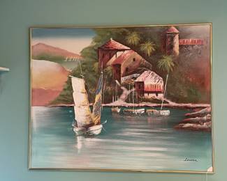 P29 - $65. LARGE Print from Montgomery Ward "Topical Bay"  - please make sure you can move this! Measures 50” wide x 40” tall. Signed Lauren. 