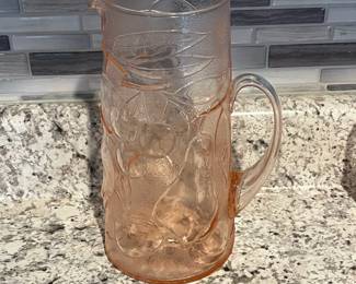 P43 - $65. Vintage Italian Fruit Motif Pink Glass Pitcher with 6 Matching Glasses. 