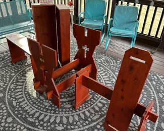 P8 - $100. Portable Table and Benches. Table top measures 37” wide x 26” deep. Benches measure 36” wide x 9.5” deep x 18” tall. Benches come apart and store inside table top along with the table legs. Made of Pine wood. 