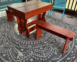 P8 - $100. Portable Table and Benches. Table top measures 37” wide x 26” deep. Benches measure 36” wide x 9.5” deep x 18” tall. Benches come apart and store inside table top along with the table legs. Made of Pine wood. 
