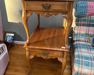 P90 - $85. PAIR of Solid Wood Side Tables. Each measures 22.25" x 27" x 22.25" tall. Drawers slide. Overall very good condition! Sturdy. 
