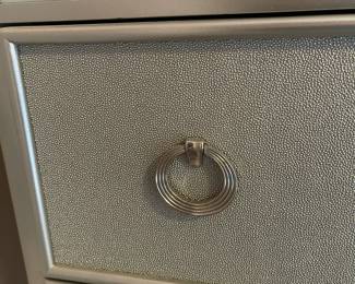 P11 - $150. 6 Drawer Dresser in Silver with mirror accents. All drawers slide easily. No name. Measures 64" wide x 17" deep x 35.5" tall.