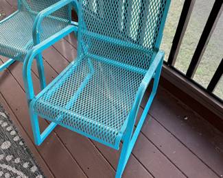 P5 - $400. Pair of Vintage Iron Rockers. Measures 21” wide x 25” deep x 32” tall. Have been painted a pretty blue. Structurally sound - very minor rust on the bottom of the rockers towards the back. Sturdy with mesh seat / back in very good condition! Have been on a covered screened porch. 