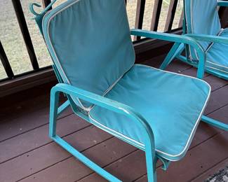 P5 - $400. Pair of Vintage Iron Rockers. Measures 21” wide x 25” deep x 32” tall. Have been painted a pretty blue. Structurally sound - very minor rust on the bottom of the rockers towards the back. Sturdy with mesh seat / back in very good condition! Have been on a covered screened porch. 