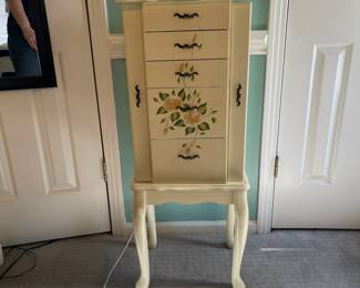 P28 - $75. Stand Up Jewelry Box. Measures 16” wide x 12” deep x 40" tall. Top lifts up and doors on the side open for necklaces. 