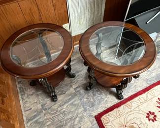 P24 - $60. PAIR of living room side tables. Measures 24” diameter x 24.25" tall. Good used condition. 