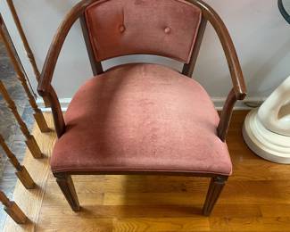 P34 - $85. Single Barrel Back Chair with pink velour seat. Measures 25” wide x 20” deep x 28” tall.