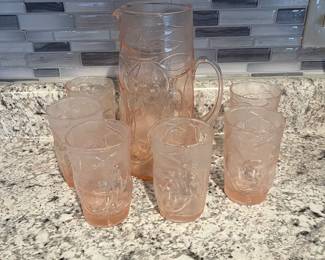 P43 - $65. Vintage Italian Fruit Motif Pink Glass Pitcher with 6 Matching Glasses. 