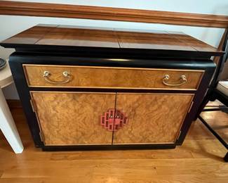 P2 - $450. Very good vintage condition! 1970’s Chinoiserie Pagoda Style Flip Top Buffet / Bar Cabinet.  Designed by Raymond Sobota for the "Chin Hua" Collection. Measures 40” wide x 19” deep x 30.75” tall.