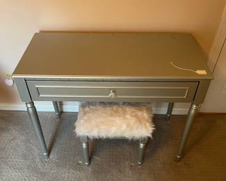 P18 - $75. Silver Desk with Single Drawer & Stool. Measures 38” wide x 17” deep x 29.5” tall. Needs minor repair - see photos. 