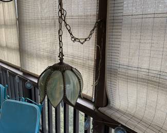 P6 - $95. Vintage Slag Glass Tulip Pendant Light. (Needs rewired! Plug in lamp not hardwired fixture.) Measures 11” wide. No issues noted with the glass petals. 