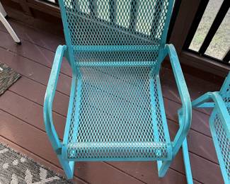 P5 - $400. Pair of Vintage Iron Rockers. Measures 21” wide x 25” deep x 32” tall. Have been painted a pretty blue. Structurally sound - very minor rust on the bottom of the rockers towards the back. Sturdy with mesh seat / back in very good condition! Have been on a covered screened porch. 