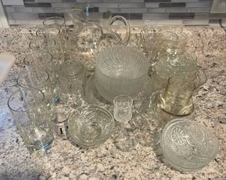 P44 - $20. Clear Glass Lot. Mostly Vintage. Pitcher and Glass set with “P” Monogram. 