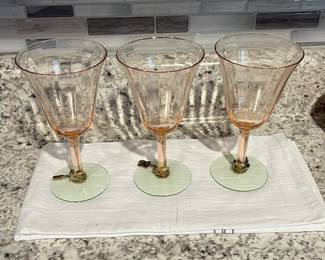 P38 - $30. Watermelon Pink and Green 3 Sorbet 3 Water. Depression Glass. 6 Pieces. 