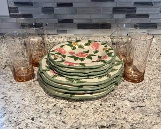 P37 - $35. Vintage Home Trends Pink and Green Dinner Set for 4. Includes: 4 Floral Home Trends 
Dinner Plates, 4 Salad Plates. 4 Pink Glass Highball/Tumblers. 