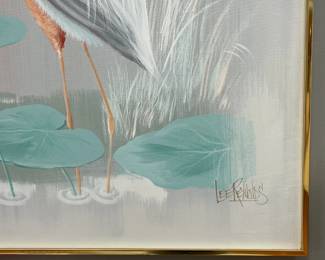 P99 - $250. Lee Reynolds Crane / Blue Heron LARGE framed art. Measures 60.25" x 48.25" framed.  Make sure you can move this in your vehicle!