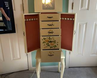 P28 - $75. Stand Up Jewelry Box. Measures 16” wide x 12” deep x 40" tall. Top lifts up and doors on the side open for necklaces. 