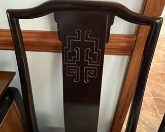 P1 -  $1250. Very good vintage condition! 1970’s Chinoiserie Pagoda Style Dining Table & Eight Chairs From Century Furniture. Designed by Raymond Sobota for the "Chin Hua" Collection. Dining Table (without leaves) Measures 45.5" wide x 75.5" long x 30" tall. 2 Leaves Each Measures 18”. Total Table Length 111”. Six Side chairs. Each Measure 19" X 18" X 40". Two Arm Chairs Each Measure 23" X 21" X 40"