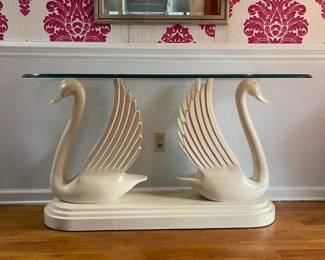 P4 - $375. Hollywood Regency Double Swan Entry or Sofa Table. Glass top is in great condition. Measures 54” wide x 16.5” deep x 28.5” tall. 