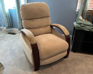 P60 - $50. Wood Framed Recliner. Arms need cleaning. Measures 31” wide x 40” deep x 39” tall.