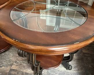 P24 - $60. PAIR of living room side tables. Measures 24” diameter x 24.25" tall. Good used condition. 
