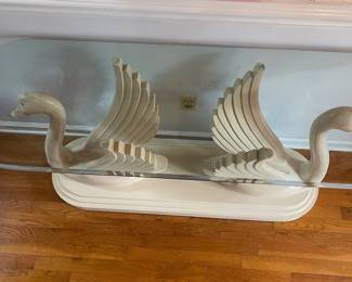 P4 - $375. Hollywood Regency Double Swan Entry or Sofa Table. Glass top is in great condition. Measures 54” wide x 16.5” deep x 28.5” tall. 