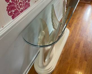 P4 - $375. Hollywood Regency Double Swan Entry or Sofa Table. Glass top is in great condition. Measures 54” wide x 16.5” deep x 28.5” tall. 