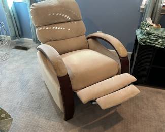 P60 - $50. Wood Framed Recliner. Arms need cleaning. Measures 31” wide x 40” deep x 39” tall.