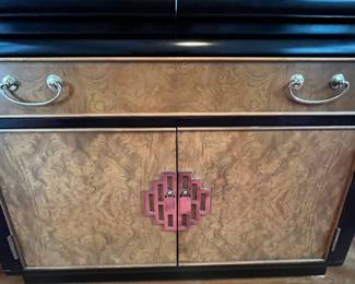 P2 - $450. Very good vintage condition! 1970’s Chinoiserie Pagoda Style Flip Top Buffet / Bar Cabinet.  Designed by Raymond Sobota for the "Chin Hua" Collection. Measures 40” wide x 19” deep x 30.75” tall.