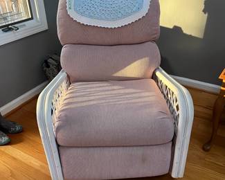 P91 - $100. Upholstered, Bamboo Framed, Reclining Chair. Measures 29" x 31" x 35.35" tall. Good Vintage Condition. 