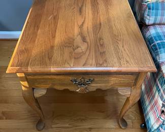 P90 - $85. PAIR of Solid Wood Side Tables. Each measures 22.25" x 27" x 22.25" tall. Drawers slide. Overall very good condition! Sturdy. 
