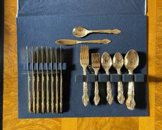 P21 - $75. 6 Piece Service for 8 People. Goldtone Stainless. 
