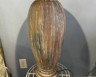 P55 - $40 PAIR. 1993 Pacific Coast Lighting Table Lamps. Measures 36“ tall. Shades are good. 