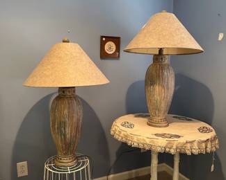 P55 - $40 PAIR. 1993 Pacific Coast Lighting Table Lamps. Measures 36“ tall. Shades are good. 