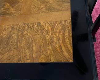 P1 -  $1250. Very good vintage condition! 1970’s Chinoiserie Pagoda Style Dining Table & Eight Chairs From Century Furniture. Designed by Raymond Sobota for the "Chin Hua" Collection. Dining Table (without leaves) Measures 45.5" wide x 75.5" long x 30" tall. 2 Leaves Each Measures 18”. Total Table Length 111”. Six Side chairs. Each Measure 19" X 18" X 40". Two Arm Chairs Each Measure 23" X 21" X 40"